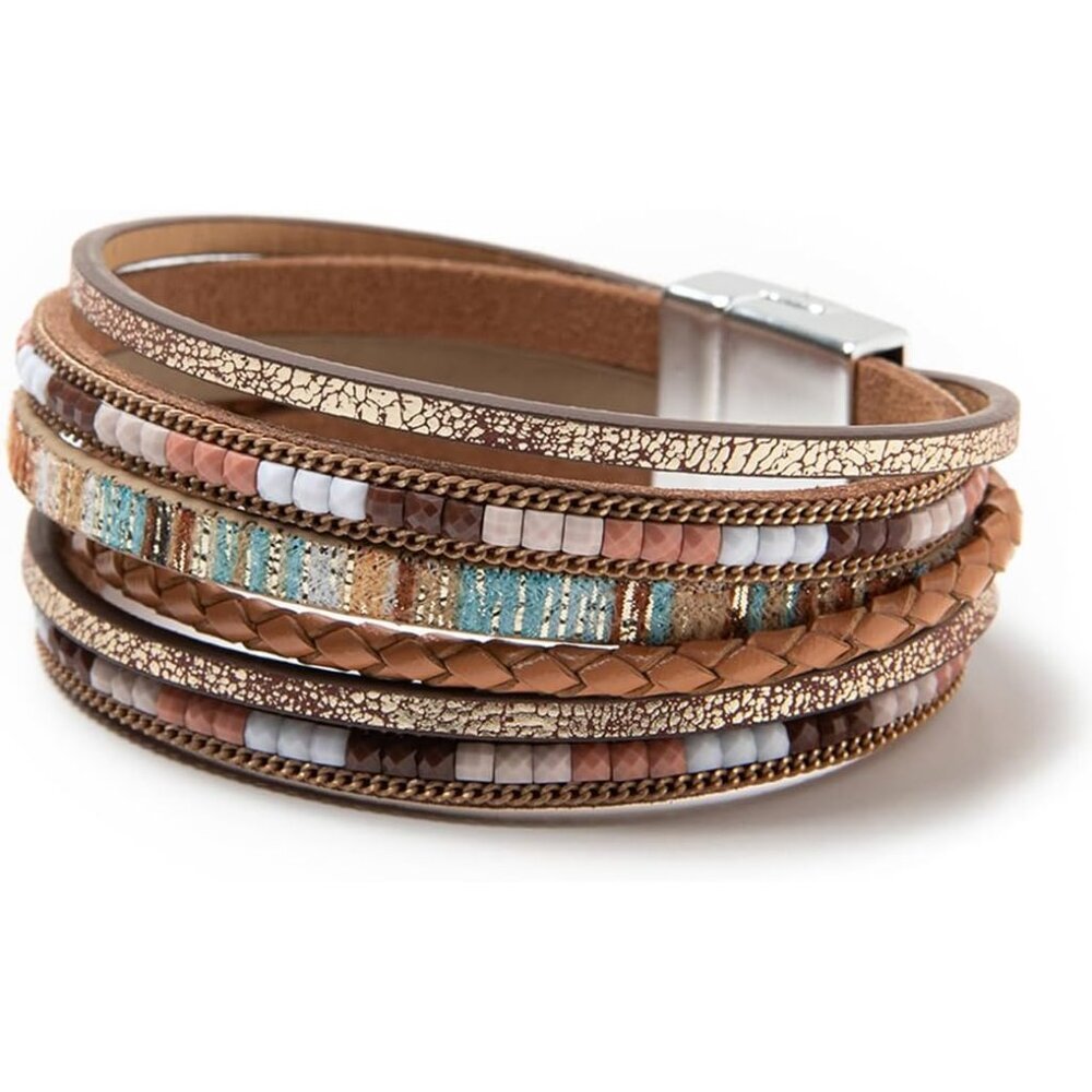 Braid Leather Wrap Bracelet Trendy Stackable Crystal Cuff Boho Gold Heart Bracel